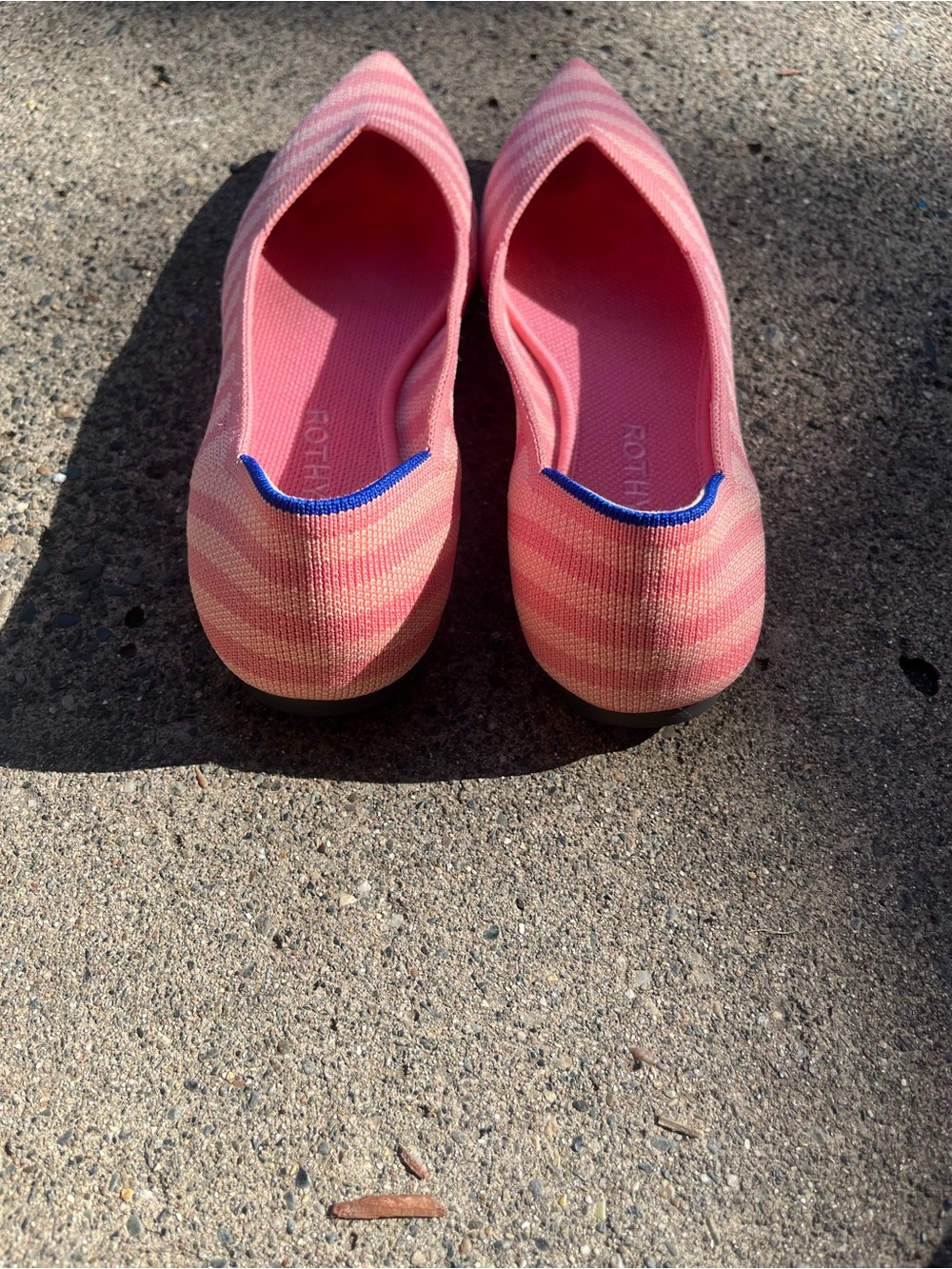 Rothy's Pink Striped Pointed Knit Flats with Blue Trim 8.5 - Picture 3 of 9